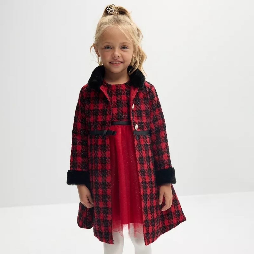 NWT Blueberi Boulevard 2-Piece Boucle Coat & Dress Set Size 6 Girl Holiday Red